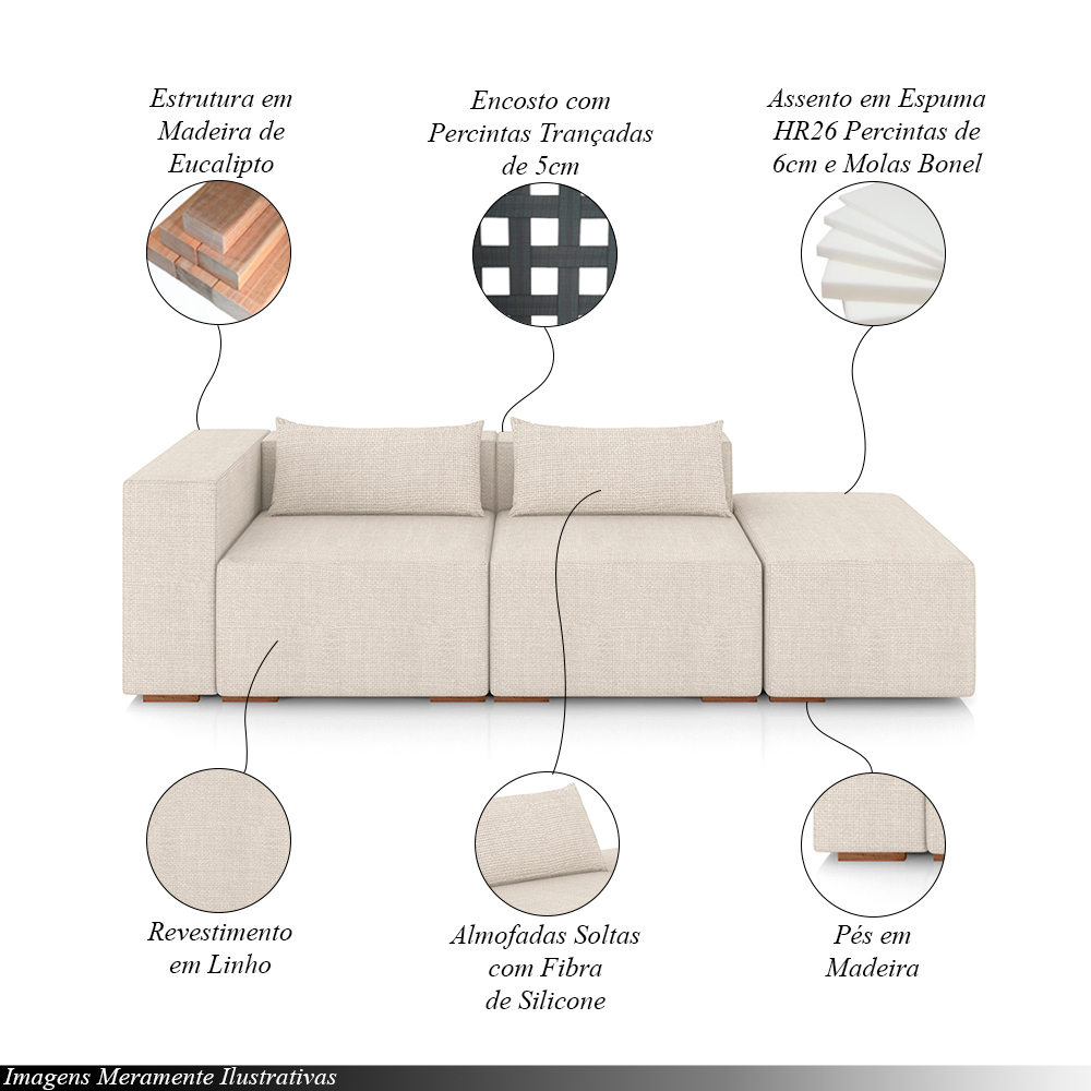 Sofá Versátil Sala de Estar Atlanta 378cm Modulado Linho Off White G52 - Gran Belo