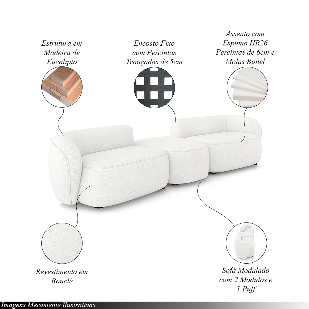 Sofá Versátil Sala de Estar Egito 302cm Modulado Bouclê Branco G52 - Gran Belo