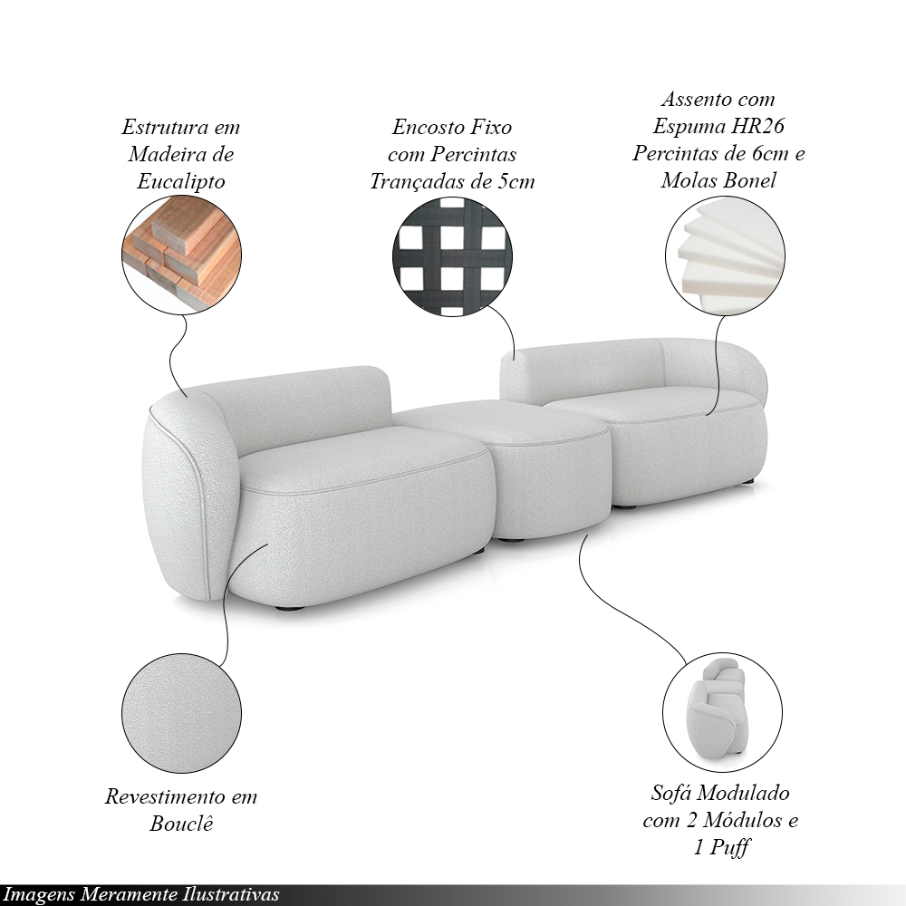Sofá Versátil Sala de Estar Egito 302cm Modulado Bouclê Cinza G52 - Gran Belo