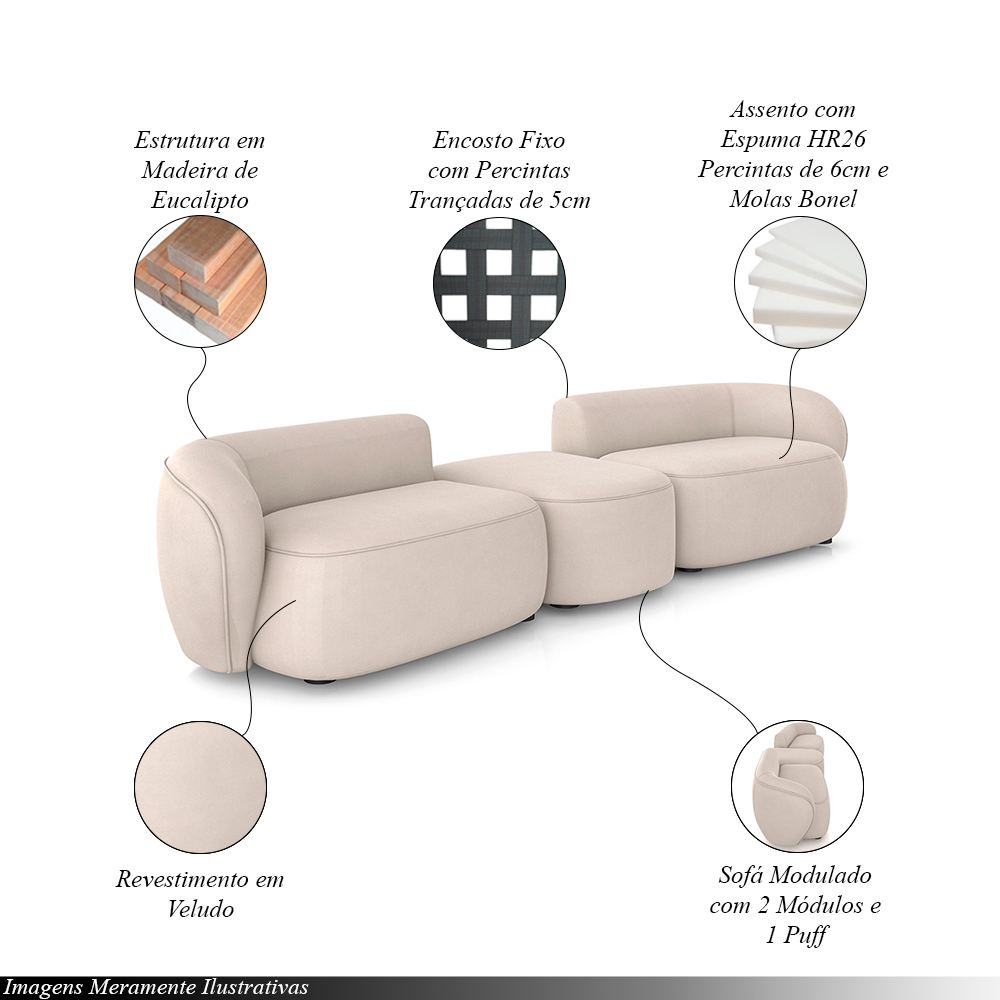 Sofá Versátil Sala de Estar Egito 302cm Modulado Veludo Bege G52 - Gran Belo