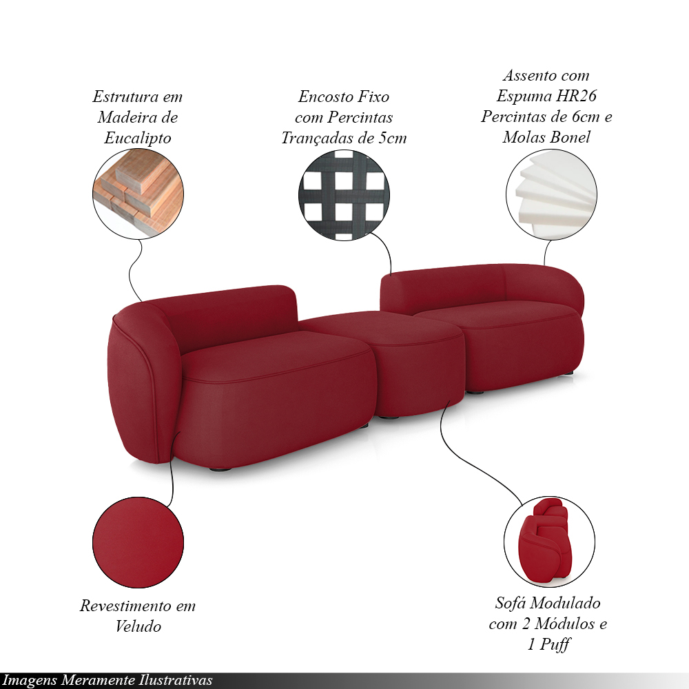 Sofá Versátil Sala de Estar Egito 302cm Modulado Veludo Bordô G52 - Gran Belo