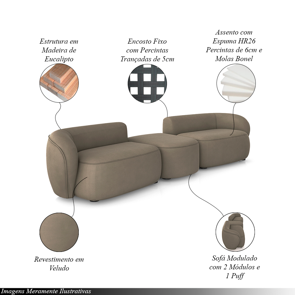 Sofá Versátil Sala de Estar Egito 302cm Modulado Veludo Marrom G52 - Gran Belo