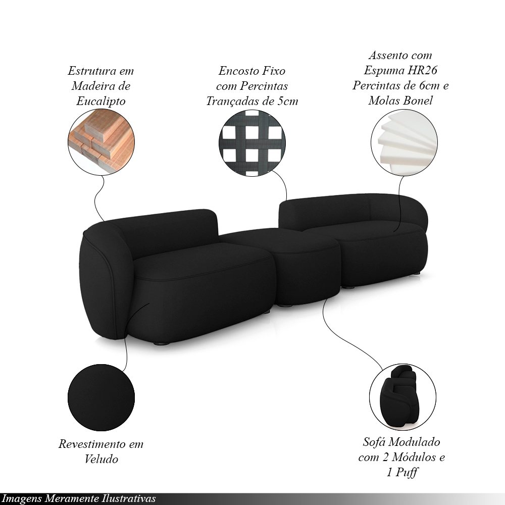 Sofá Versátil Sala de Estar Egito 302cm Modulado Veludo Preto G52 - Gran Belo
