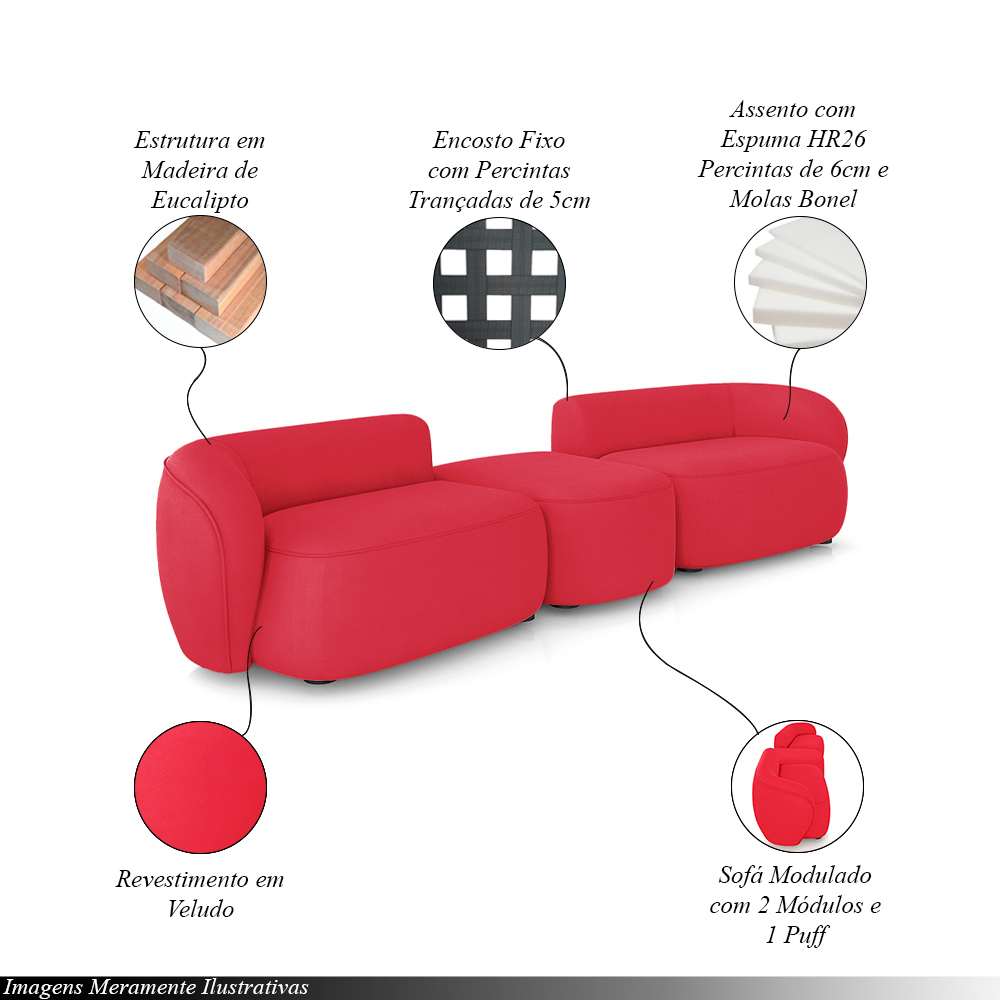 Sofá Versátil Sala de Estar Egito 302cm Modulado Veludo Vermelho G52 - Gran Belo