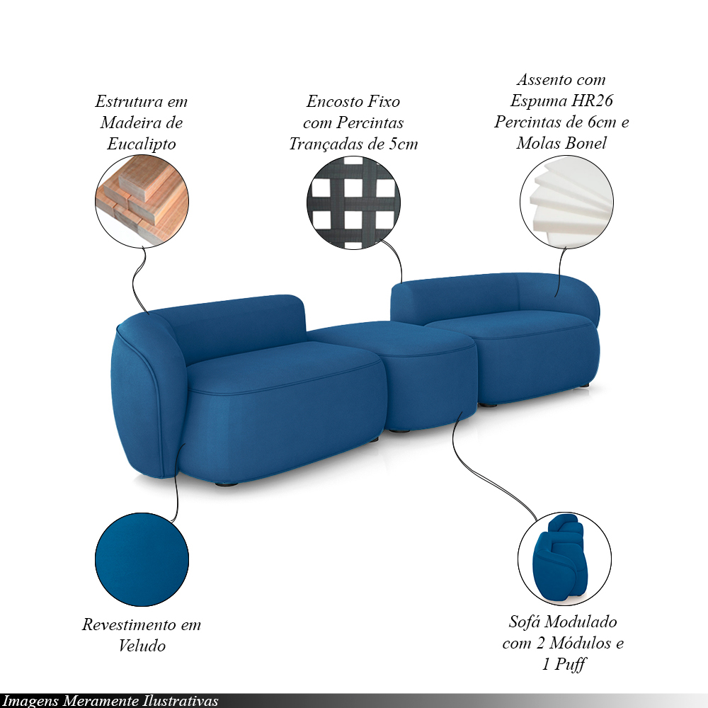 Sofá Versátil Sala de Estar Egito 322cm Modulado Veludo Azul G52 - Gran Belo
