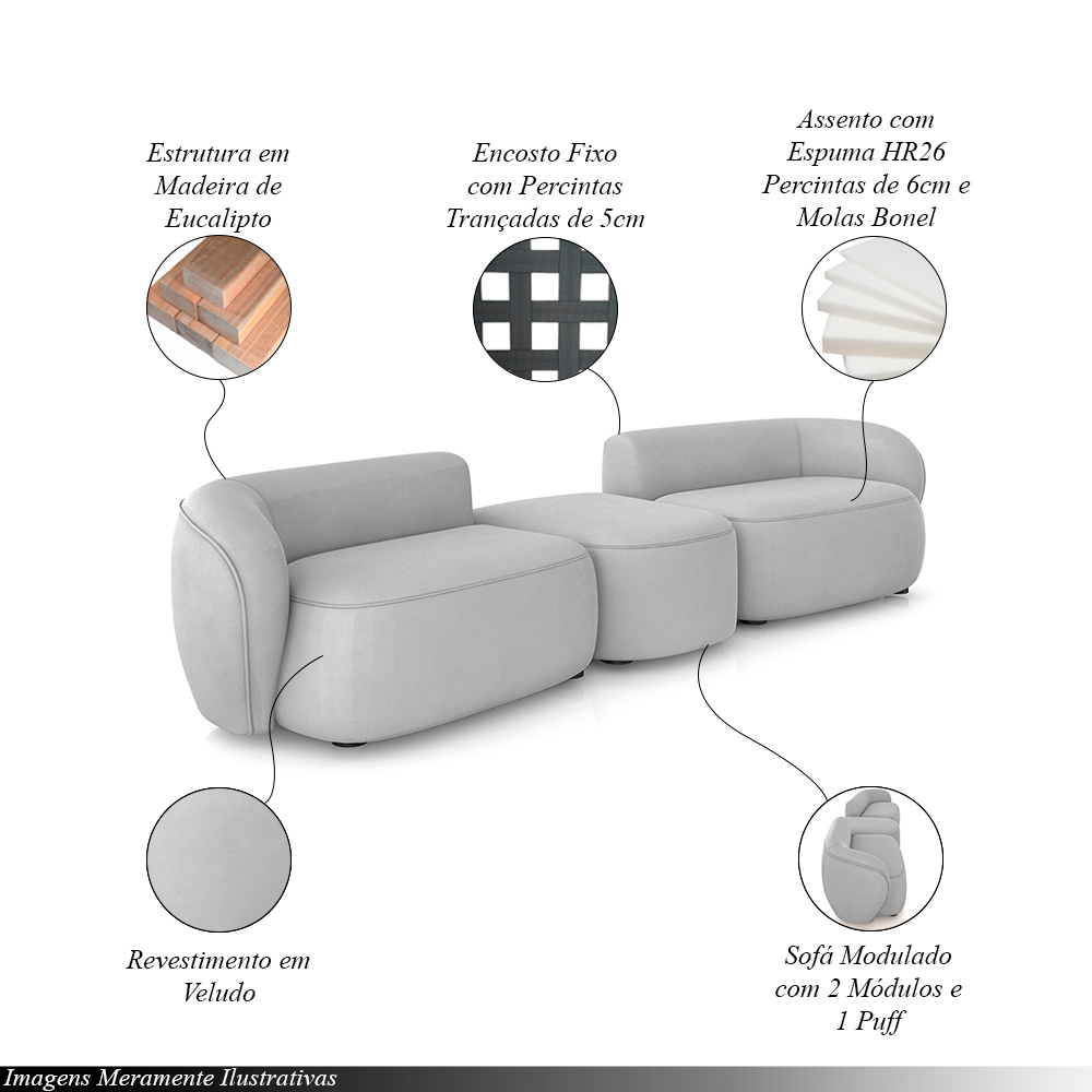 Sofá Versátil Sala de Estar Egito 322cm Modulado Veludo Cinza G52 - Gran Belo