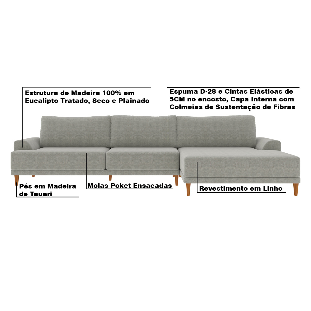 Sofá com Chaise Direita 384cm Índico Linho Cinza G52 - Gran Belo