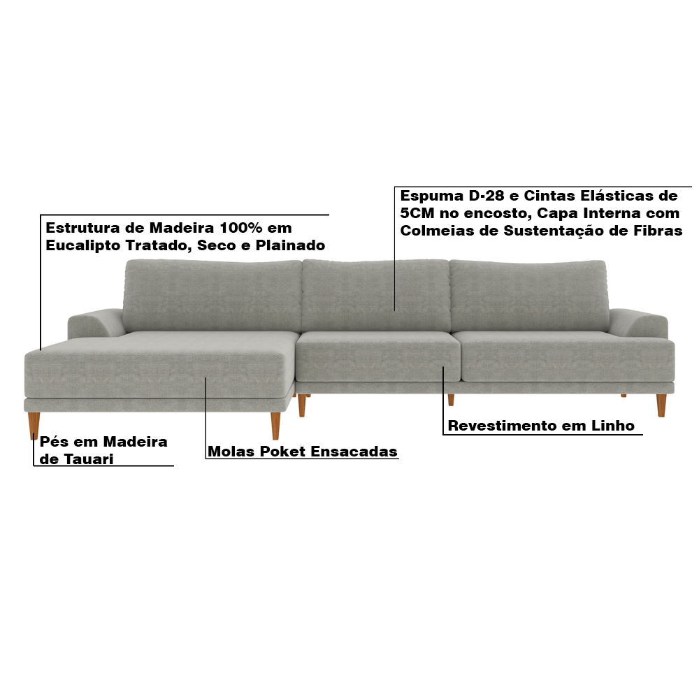 Sofá com Chaise Esquerda 294cm Índico Linho Cinza G52 - Gran Belo