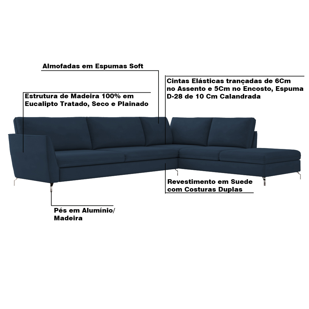 Sofá de Canto Chaise Direito 287 cm Olívia Suede Azul G52 - Gran Belo