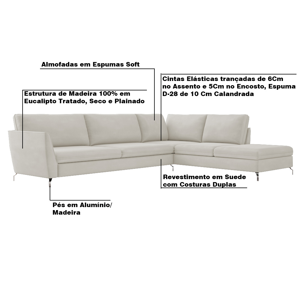 Sofá de Canto Chaise Direito 307 cm Olívia Suede Bege G52 - Gran Belo