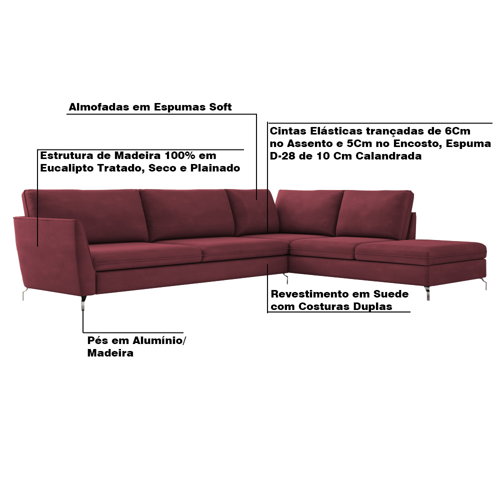 Sofá de Canto Chaise Direito 307 cm Olívia Suede Bordô G52 - Gran Belo