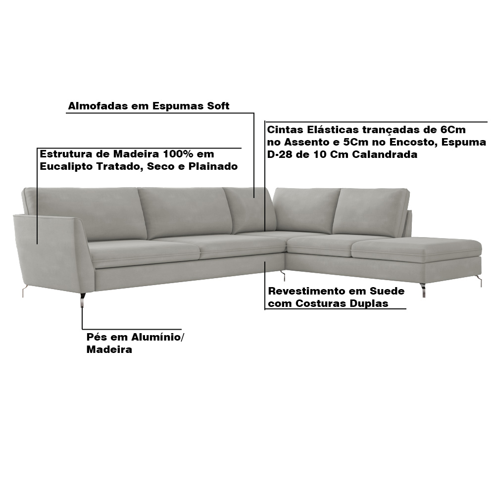 Sofá de Canto Chaise Direito 307 cm Olívia Suede Cinza G52 - Gran Belo