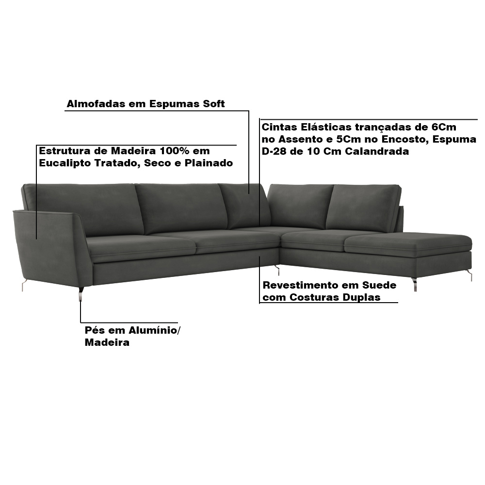 Sofá de Canto Chaise Direito 307 cm Olívia Suede Grafite G52 - Gran Belo