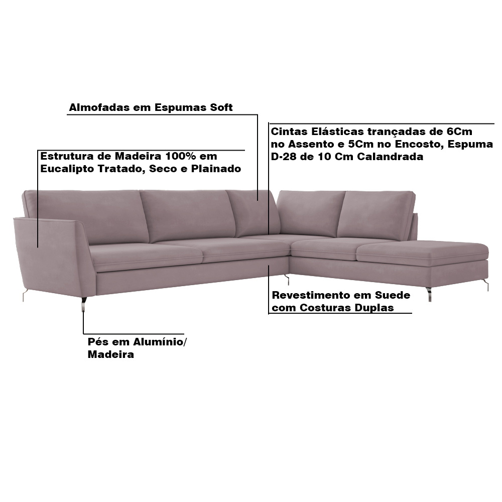 Sofá de Canto Chaise Direito 307 cm Olívia Suede Rosê G52 - Gran Belo