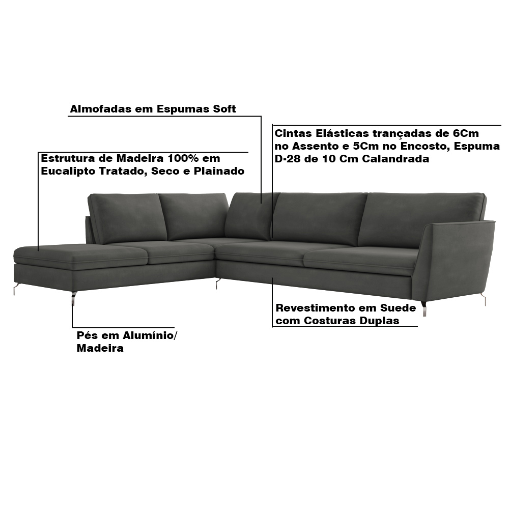 Sofá de Canto Chaise Esquerdo 267 cm Olívia Suede Grafite G52 - Gran Belo