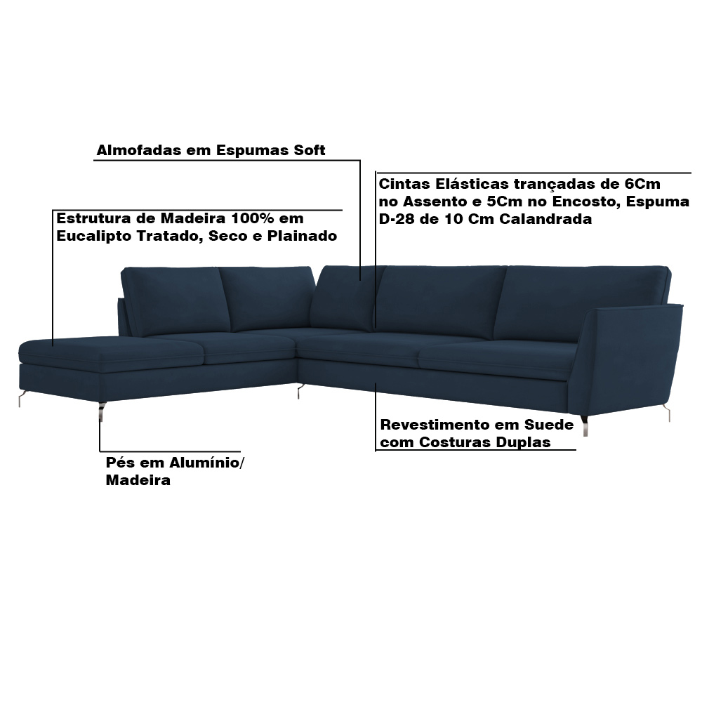 Sofá de Canto Chaise Esquerdo 287 cm Olívia Suede Azul G52 - Gran Belo
