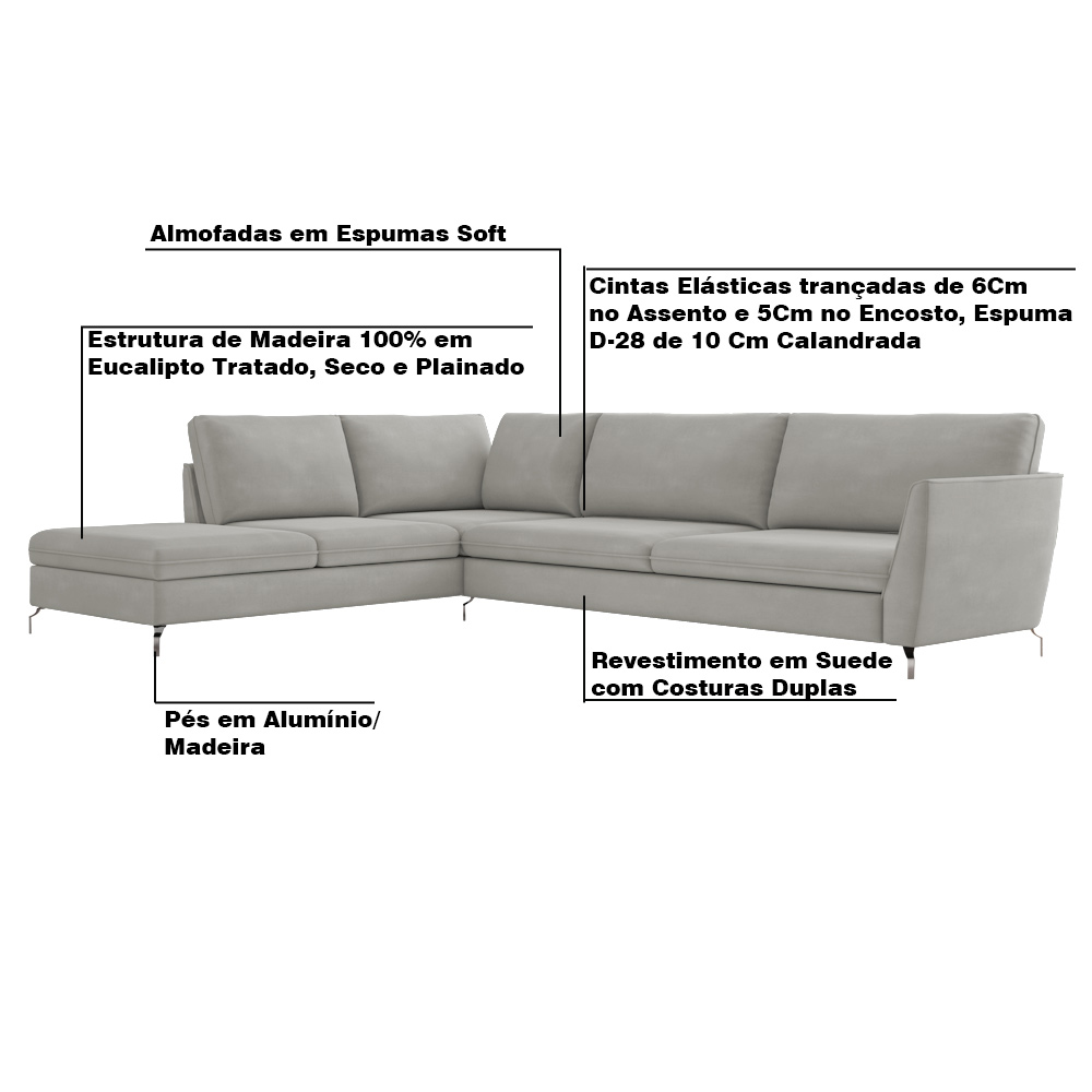 Sofá de Canto Chaise Esquerdo 287 cm Olívia Suede Cinza G52 - Gran Belo