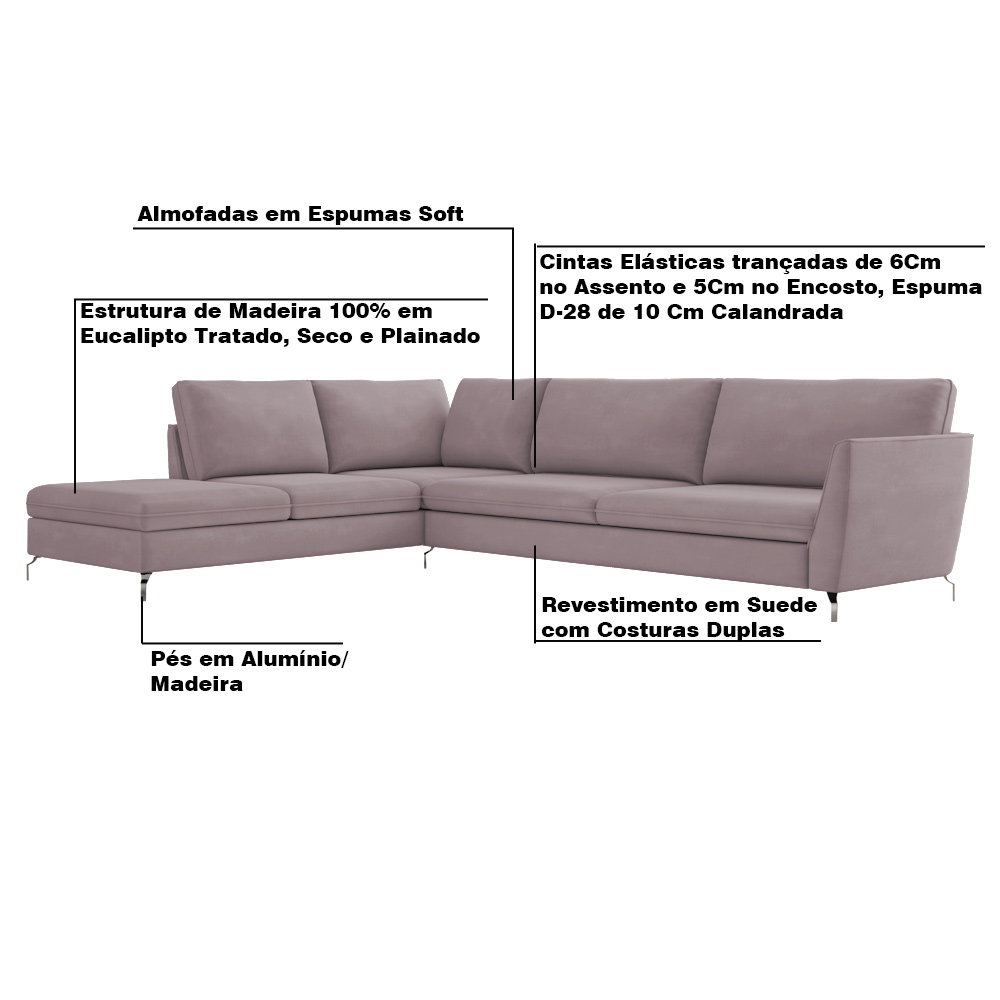 Sofá de Canto Chaise Esquerdo 287 cm Olívia Suede Rosê G52 - Gran Belo