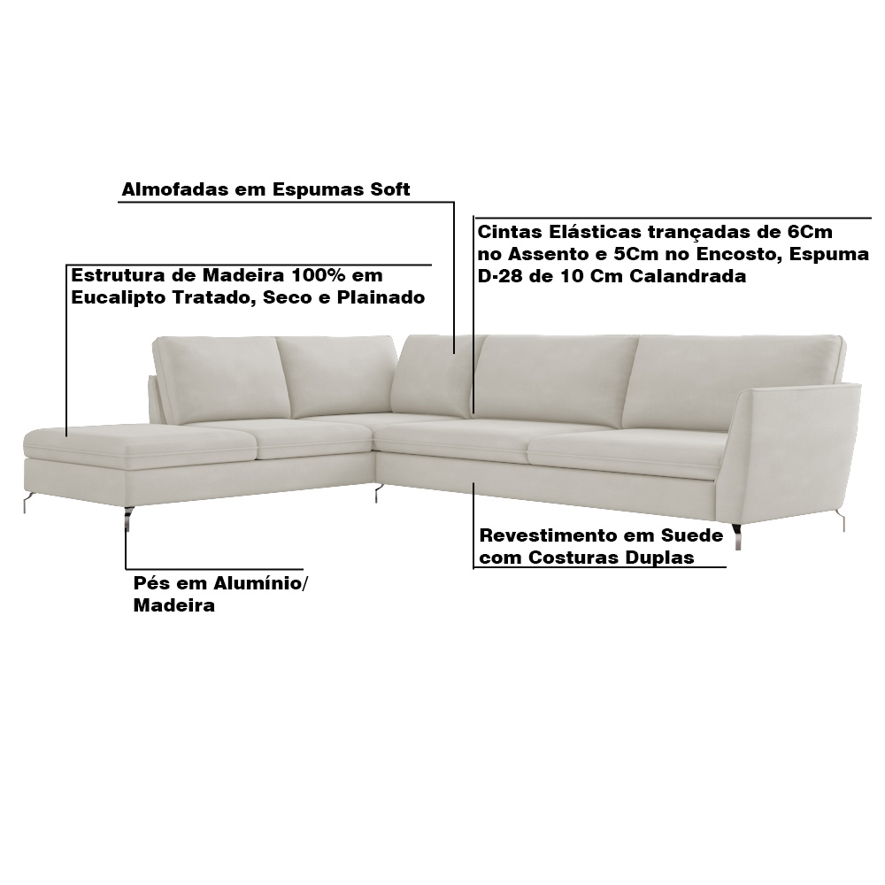 Sofá de Canto Chaise Esquerdo 307 cm Olívia Suede Bege G52 - Gran Belo