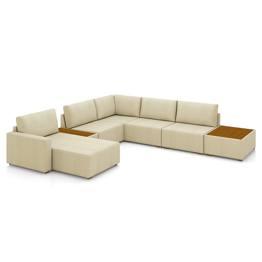 Sofá de Canto Decorativo Sala de Estar 603cm Modulado Takashi com Chaise e Puffs Linho Bege G45 - Gran Belo