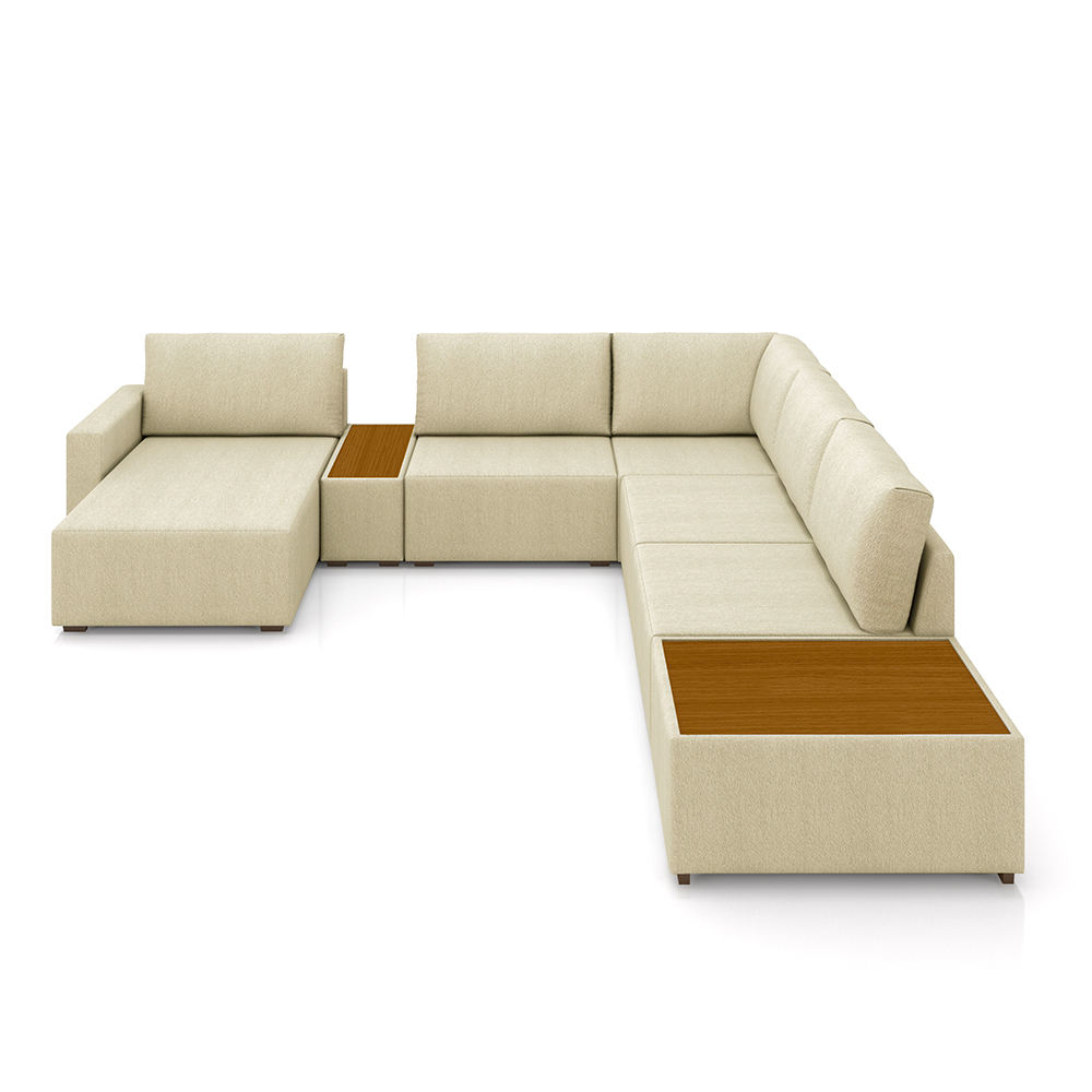 Sofá de Canto Decorativo Sala de Estar 603cm Modulado Takashi com Chaise e Puffs Linho Bege G45 - Gran Belo