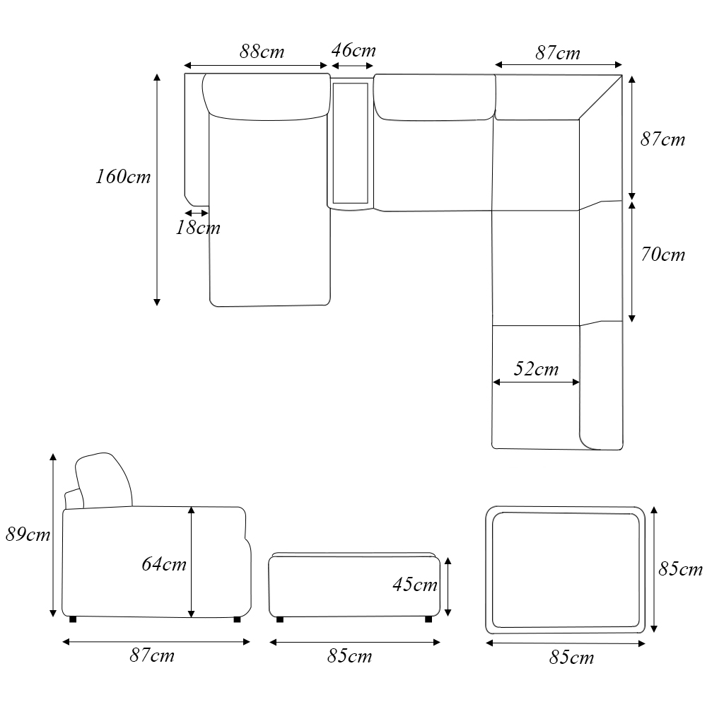 Sofá de Canto Decorativo Sala de Estar 603cm Modulado Takashi com Chaise e Puffs Linho Cinza  G45 - Gran Belo