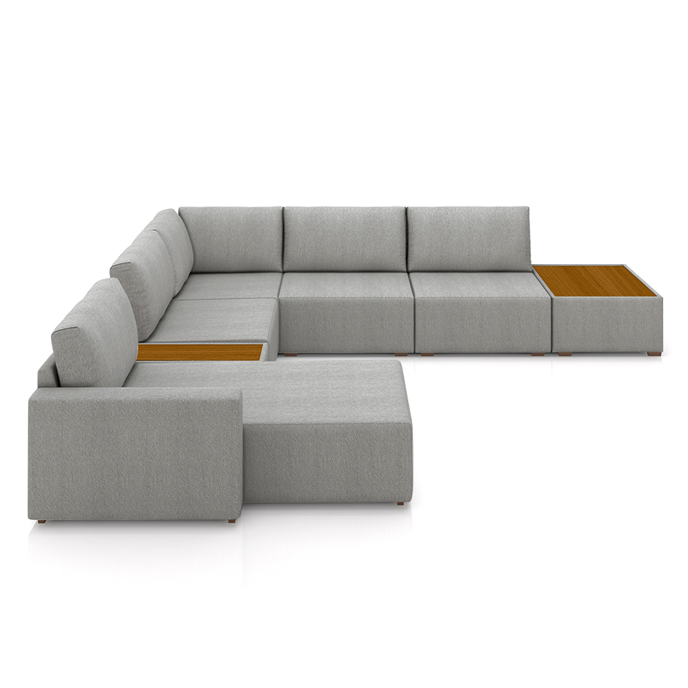 Sofá de Canto Decorativo Sala de Estar 603cm Modulado Takashi com Chaise e Puffs Linho Cinza  G45 - Gran Belo