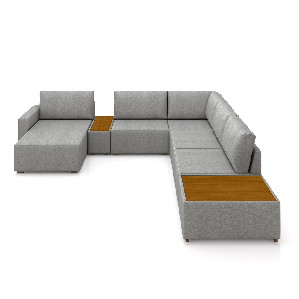 Sofá de Canto Decorativo Sala de Estar 603cm Modulado Takashi com Chaise e Puffs Linho Cinza  G45 - Gran Belo