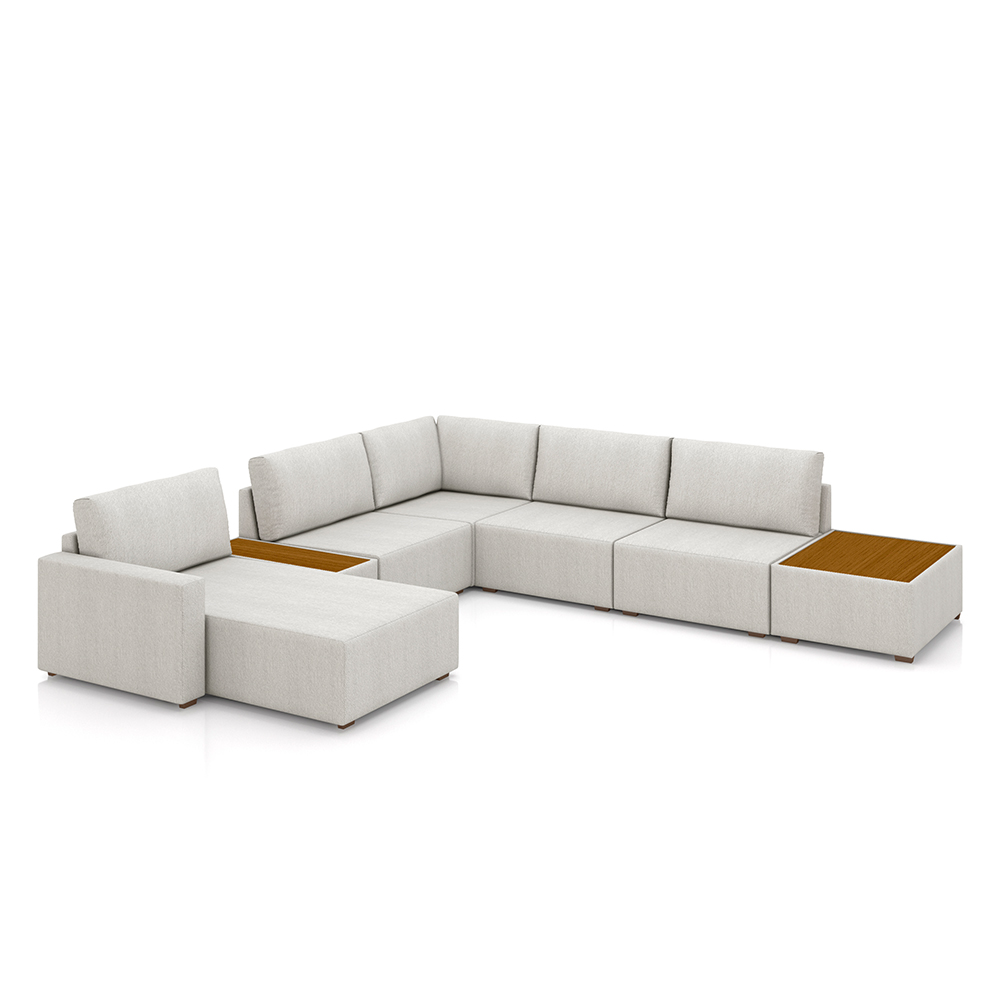 Sofá de Canto Decorativo Sala de Estar 603cm Modulado Takashi com Chaise e Puffs Linho Off White G45 - Gran Belo