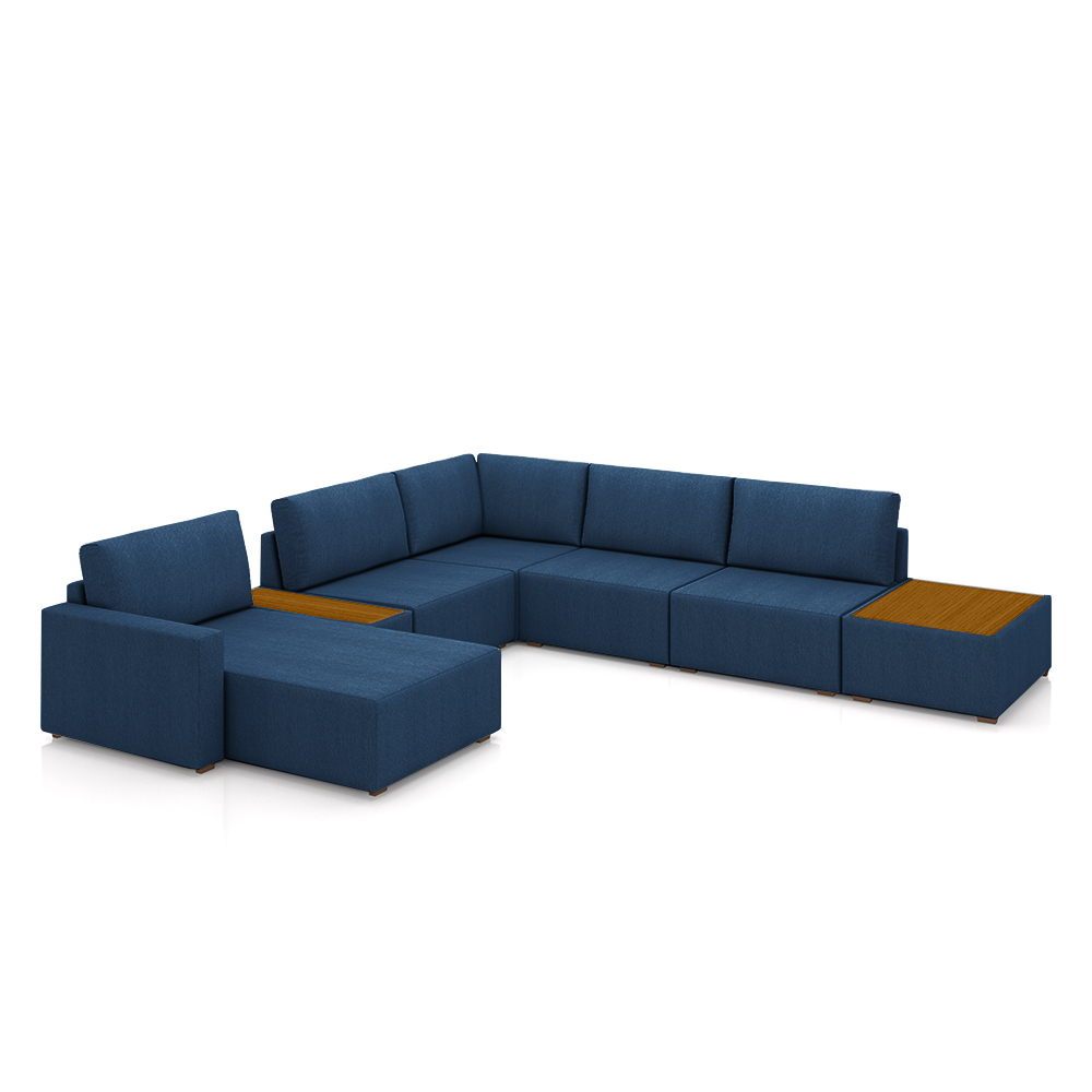 Sofá de Canto Decorativo Sala de Estar 715cm Modulado Takashi com Chaise e Puffs Linho Azul Petróleo G45 - Gran Belo