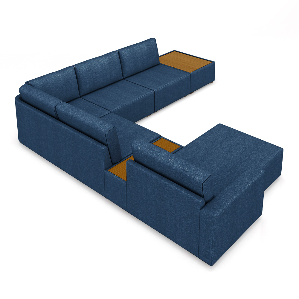 Sofá de Canto Decorativo Sala de Estar 715cm Modulado Takashi com Chaise e Puffs Linho Azul Petróleo G45 - Gran Belo