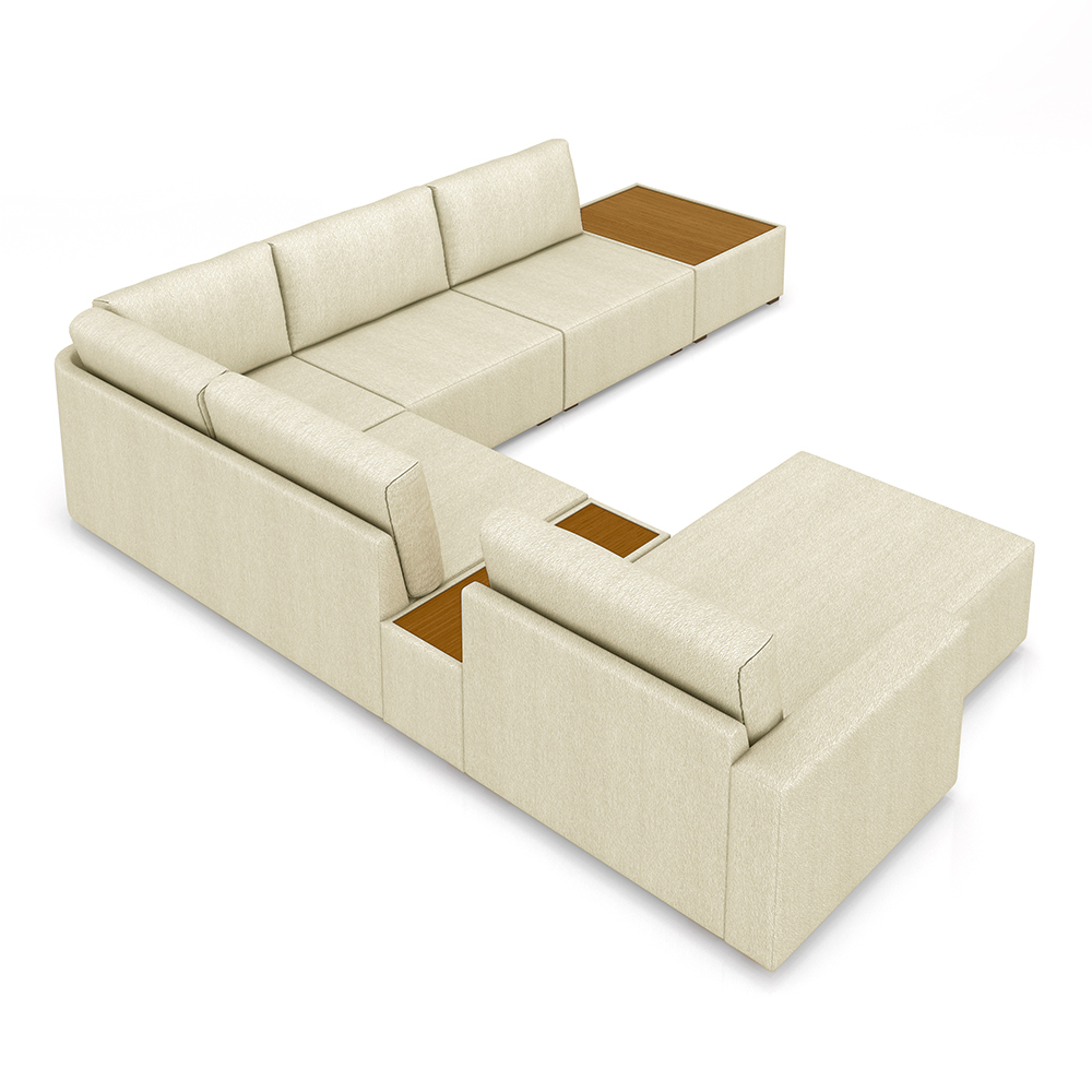 Sofá de Canto Decorativo Sala de Estar 715cm Modulado Takashi com Chaise e Puffs Linho Bege G45 - Gran Belo