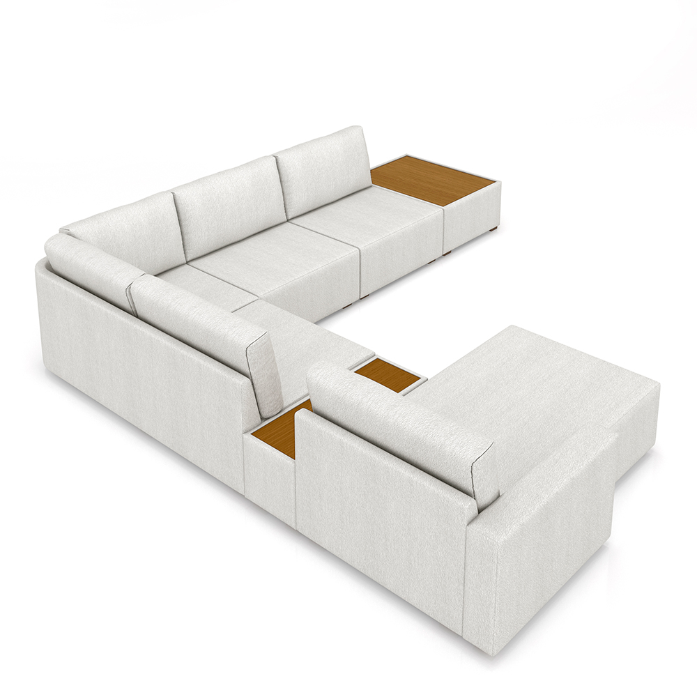 Sofá de Canto Decorativo Sala de Estar 715cm Modulado Takashi com Chaise e Puffs Linho Off White G45 - Gran Belo
