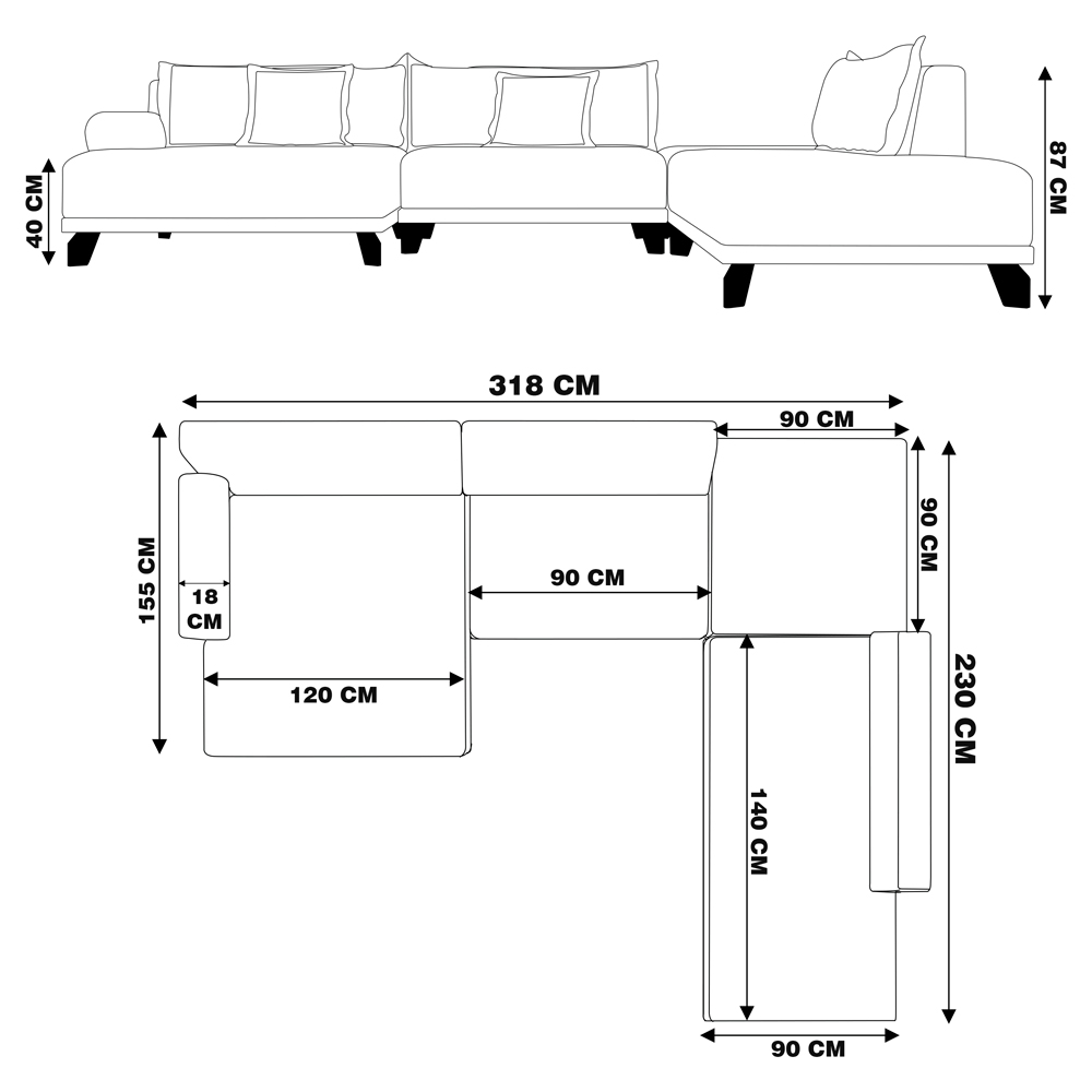 Sofá de Canto Direito 318cm Japa Linho Bege G52 - Gran Belo