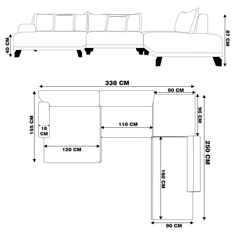 Sofá de Canto Direito 338cm Japa Linho Bege G52 - Gran Belo