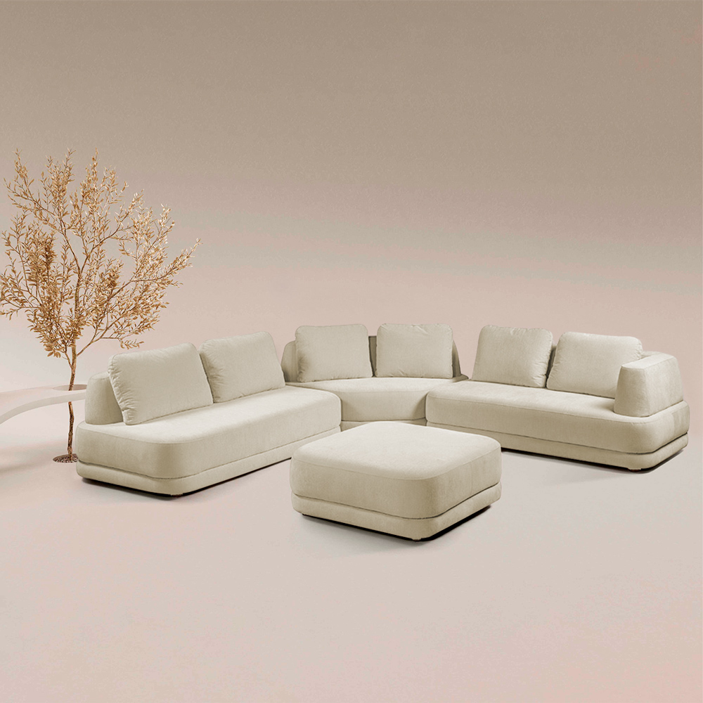 Sofá de Canto Modulado Vercelli 562cm com Almofadas Soltas e Puff Veludo Luxo Bege  G92 - Gran Belo