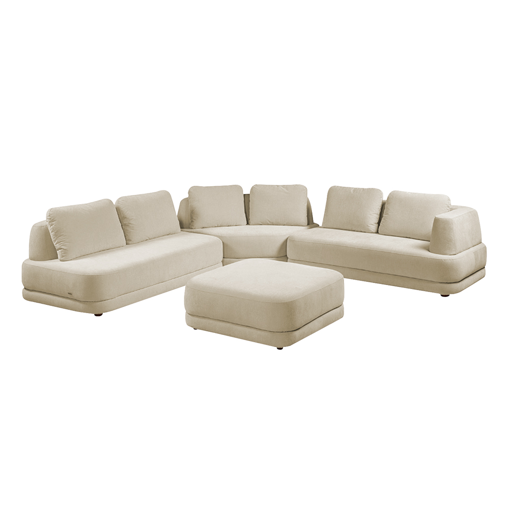 Sofá de Canto Modulado Vercelli 562cm com Almofadas Soltas e Puff Veludo Luxo Bege  G92 - Gran Belo