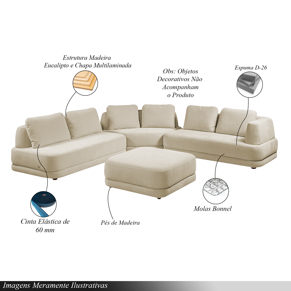 Sofá de Canto Modulado Vercelli 562cm com Almofadas Soltas e Puff Veludo Luxo Bege  G92 - Gran Belo