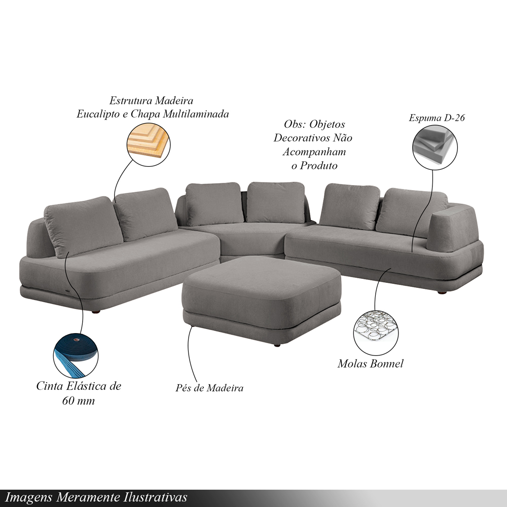 Sofá de Canto Modulado Vercelli 562cm com Almofadas Soltas e Puff Veludo Luxo Cinza G92 - Gran Belo