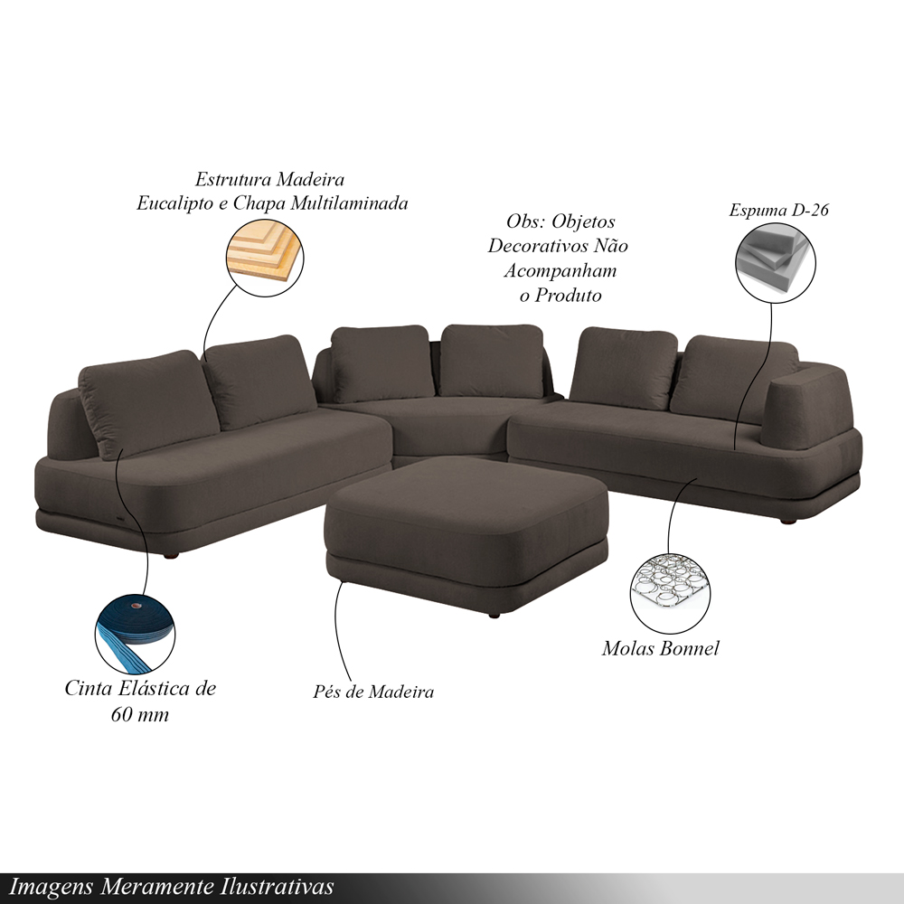 Sofá de Canto Modulado Vercelli 562cm com Almofadas Soltas e Puff Veludo Luxo Marrom  G92 - Gran Belo