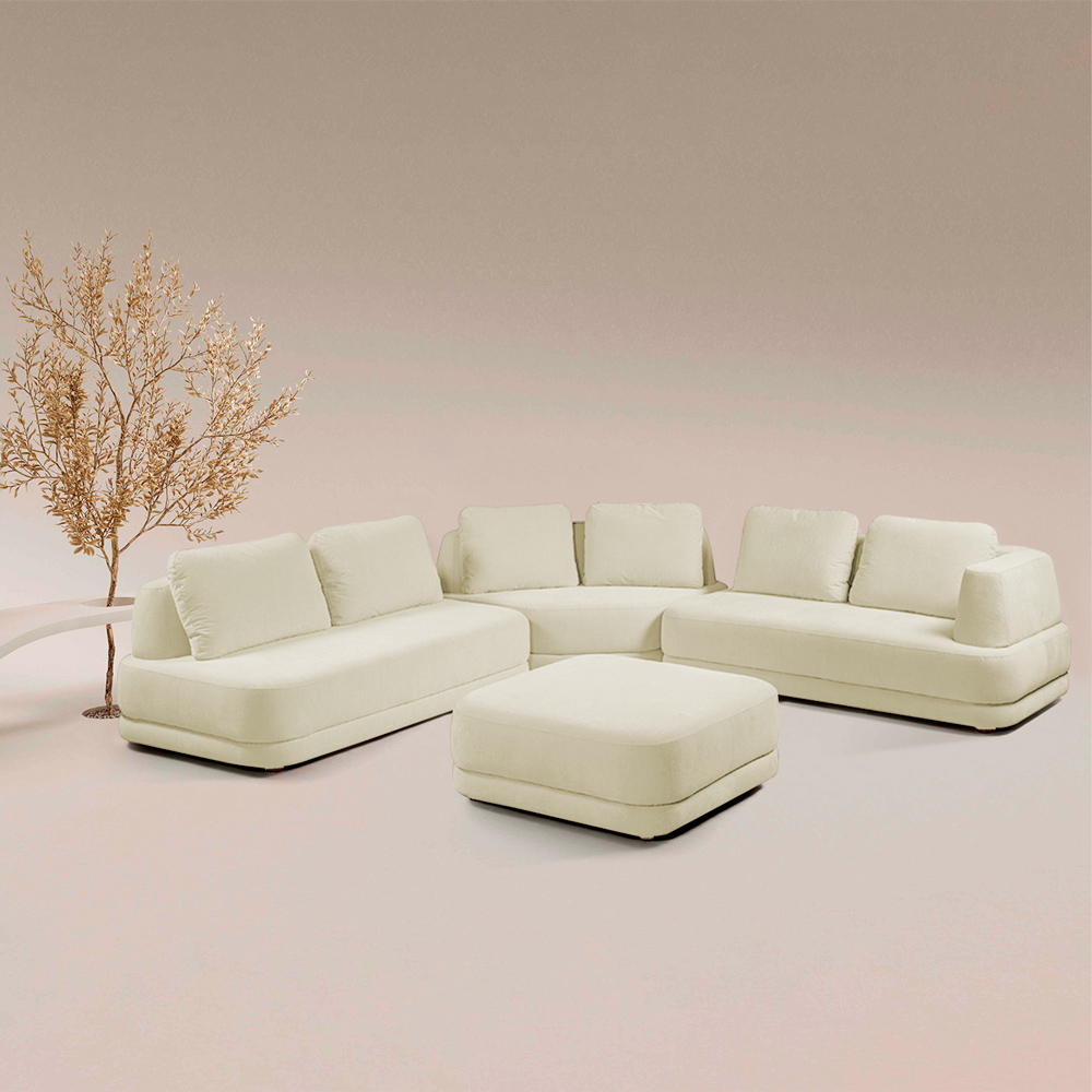 Sofá de Canto Modulado Vercelli 562cm com Almofadas Soltas e Puff Veludo Luxo Off White G92 - Gran Belo
