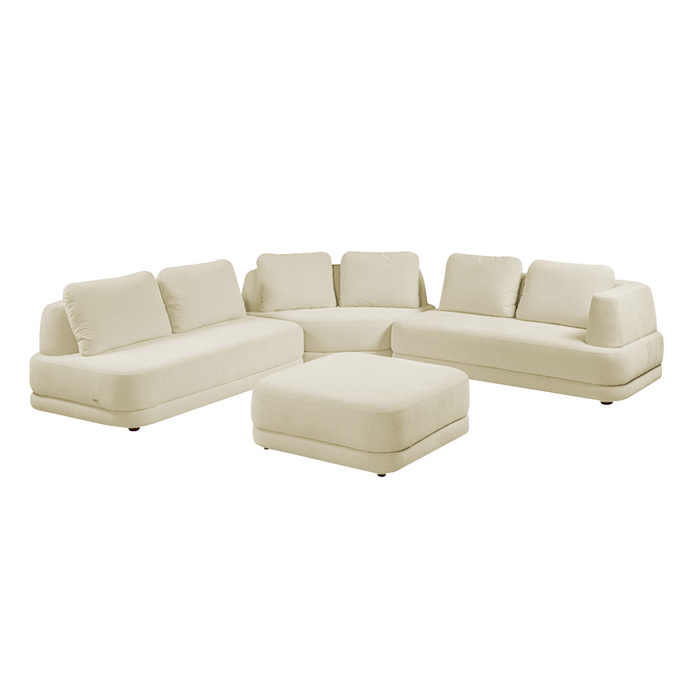 Sofá de Canto Modulado Vercelli 562cm com Almofadas Soltas e Puff Veludo Luxo Off White G92 - Gran Belo