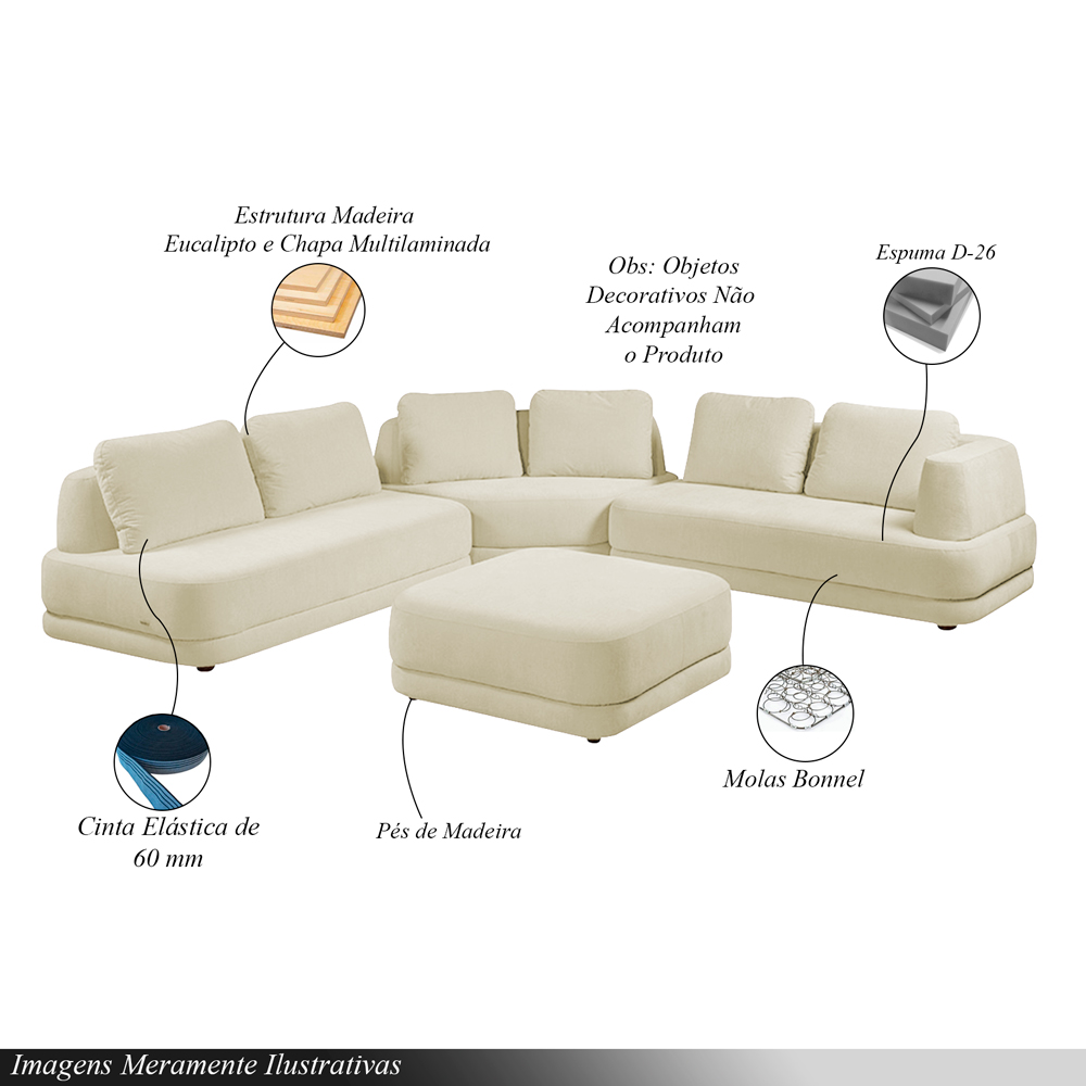 Sofá de Canto Modulado Vercelli 562cm com Almofadas Soltas e Puff Veludo Luxo Off White G92 - Gran Belo