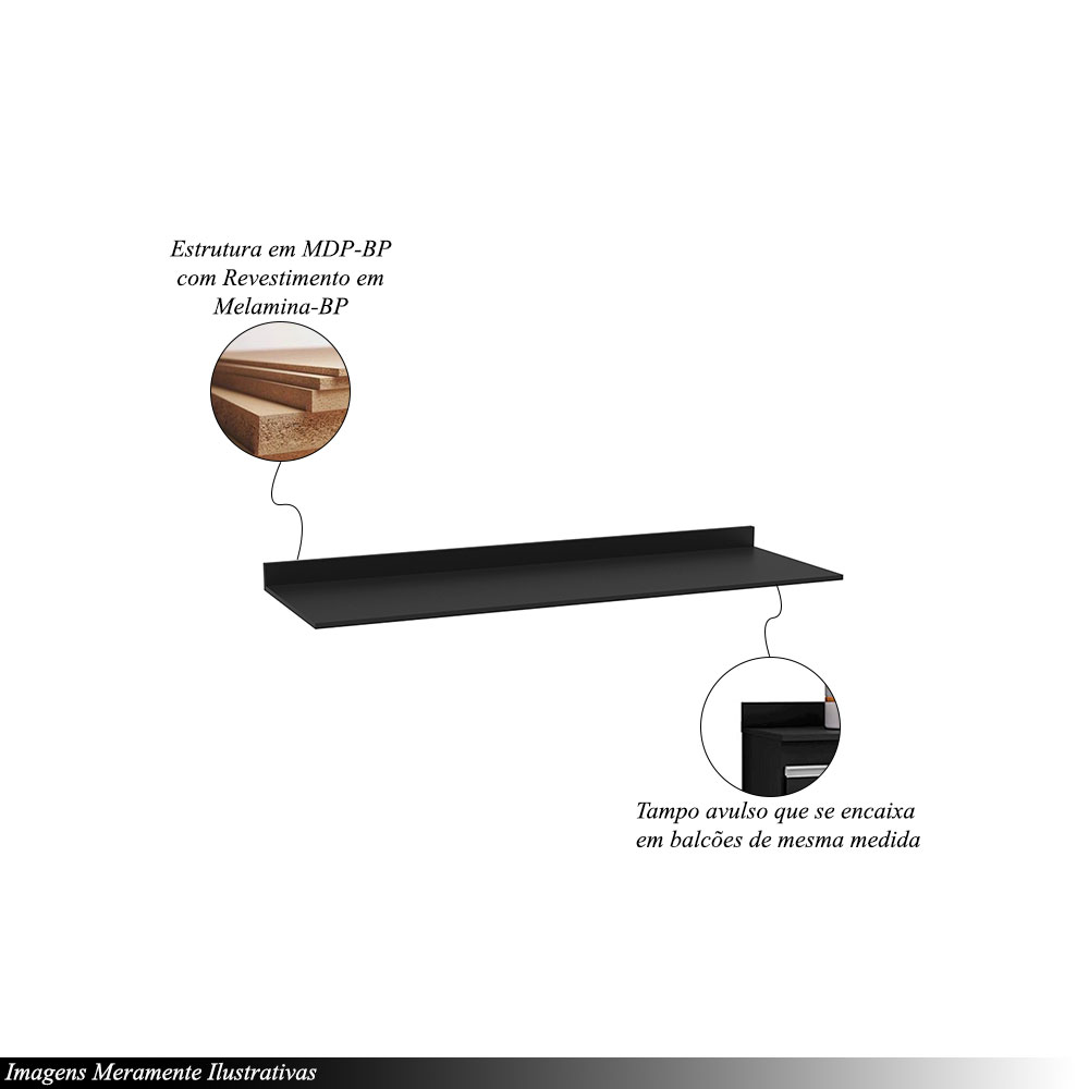 Tampo para Balcão de Cozinha com Rodapé Torfi 150cm MDP/BP Preto G96 - Gran Belo