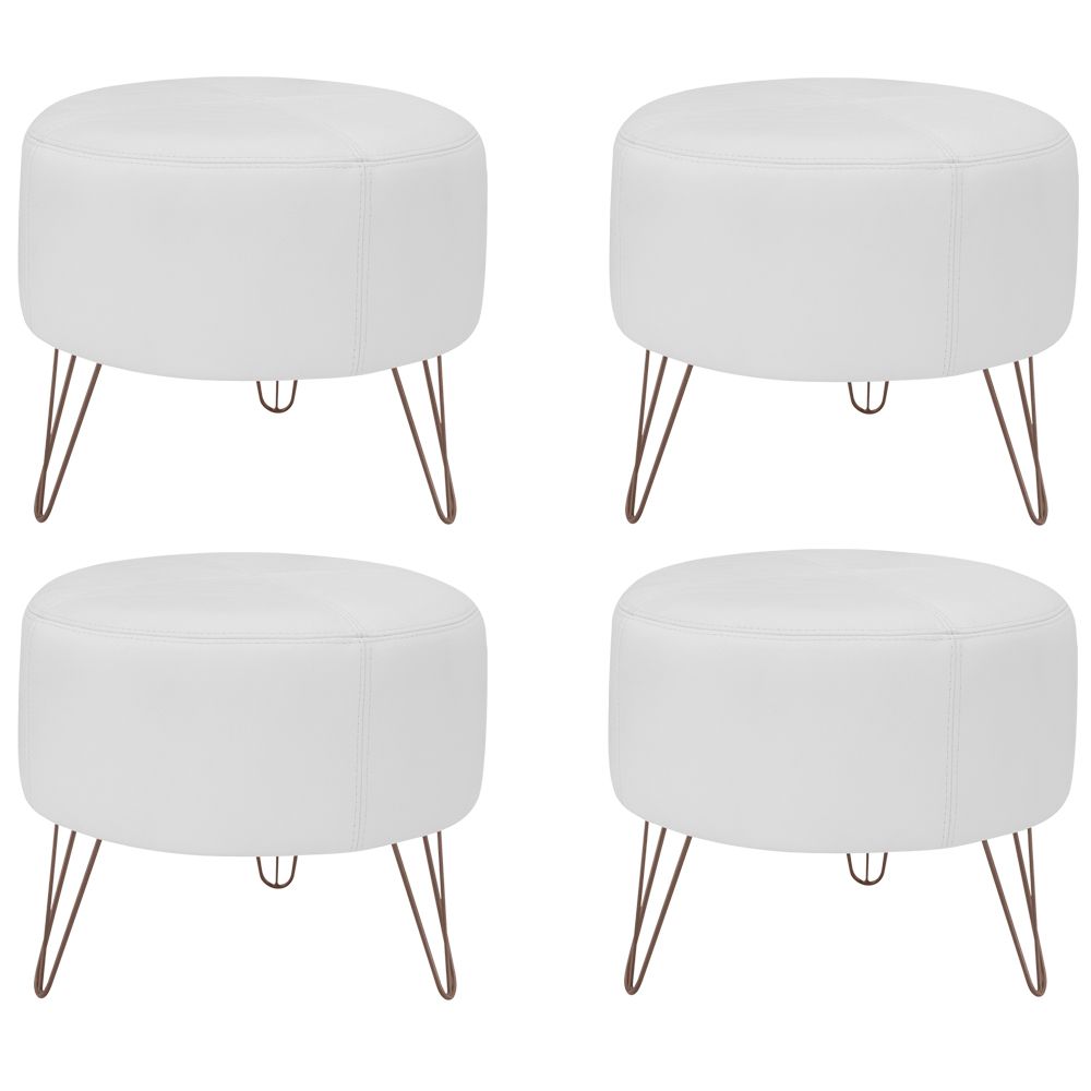 kit 04 Puffs Decorativos Redondo Pés Metal Couro Branco Fosco - Gran Belo