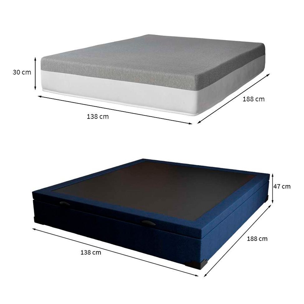 Cama Box Baú Casal Azul com Colchão Guldi Dream Mola Ensacada (30x138x188) Cinza e Branco