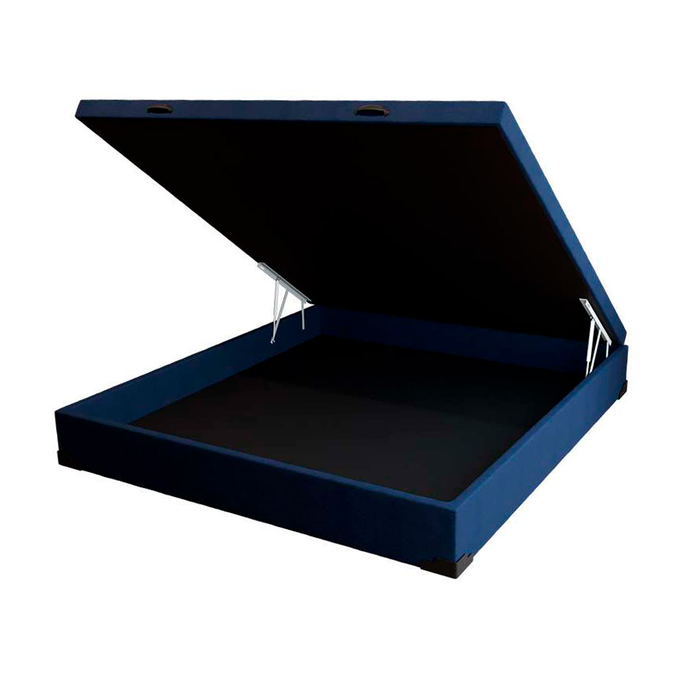 Cama Box Baú Casal Azul com Colchão Guldi Dream Mola Ensacada (30x138x188) e 2 Travesseiros Guldi Soft Nasa Cinza e Branco