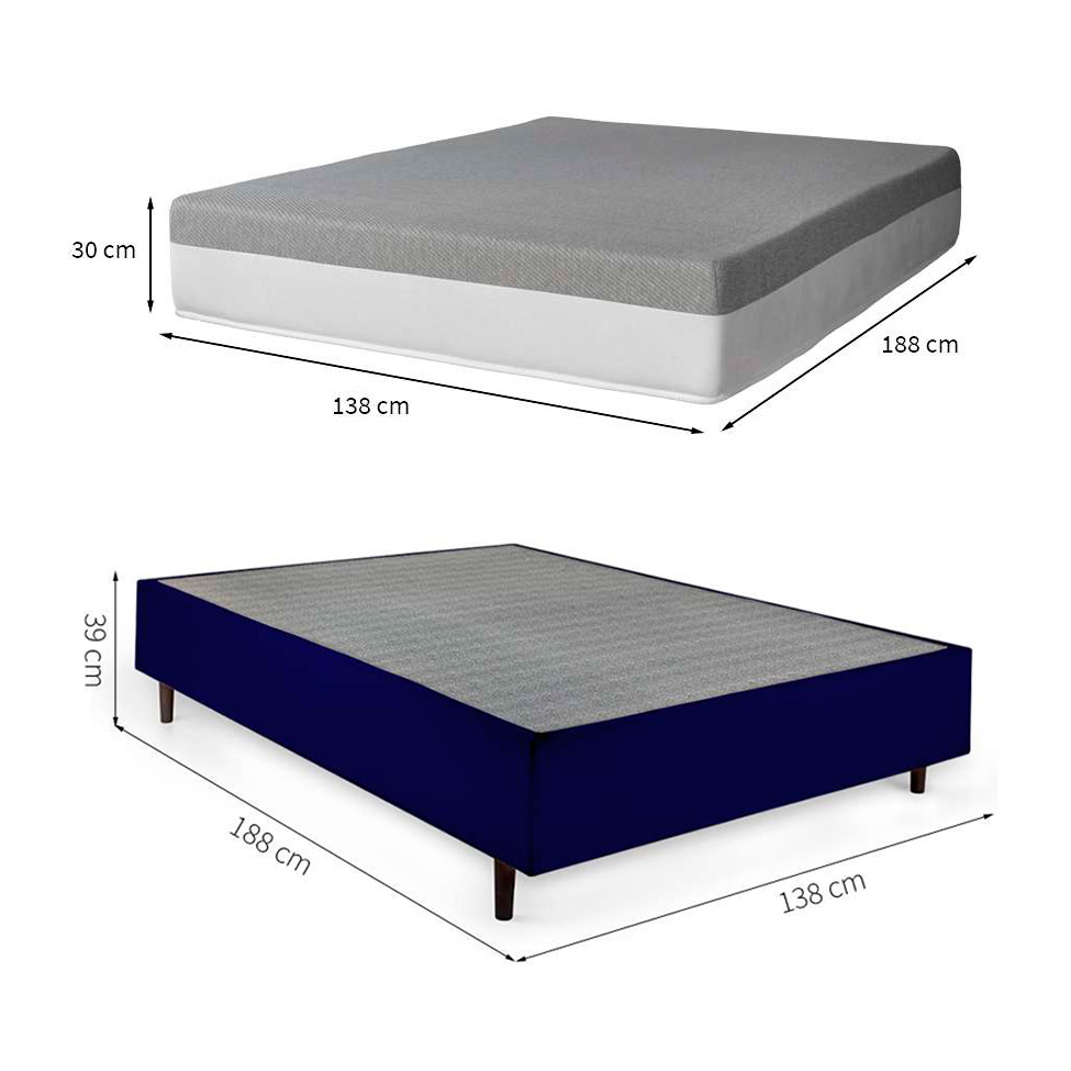 Cama Box Casal Azul com Colchão Guldi Dream Mola Ensacada (30x138x188) Cinza e Branco
