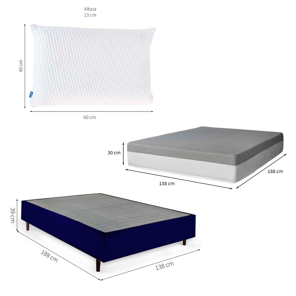 Cama Box Casal Azul com Colchão Guldi Dream Mola Ensacada (30x138x188) e 2 Travesseiros Guldi Soft Nasa Cinza e Branco