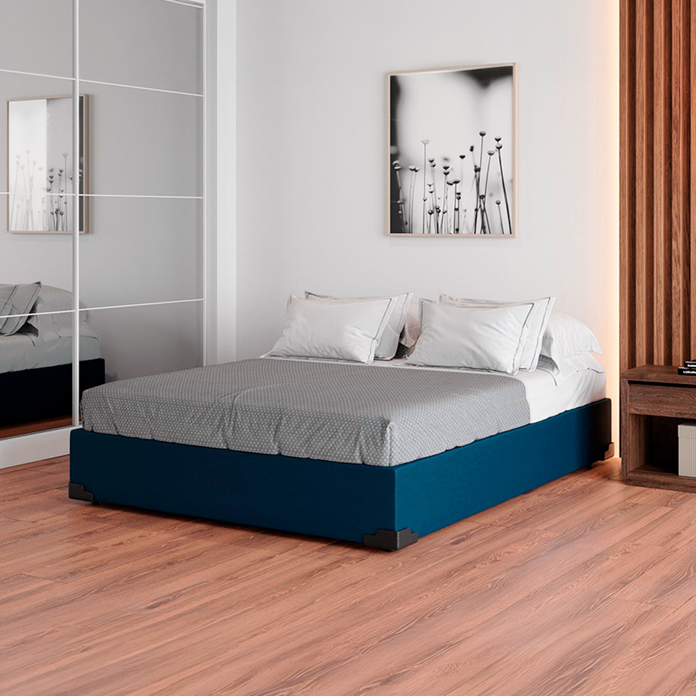 Cama Box Casal Joe Linho Azul Marinho com Colchão Guldi Espuma D28 Duplo 12cm (12x138x188) Azul e Branco